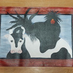 Hand-painted whimsical floorcloth featuring cow & rooster - 24" x 36"